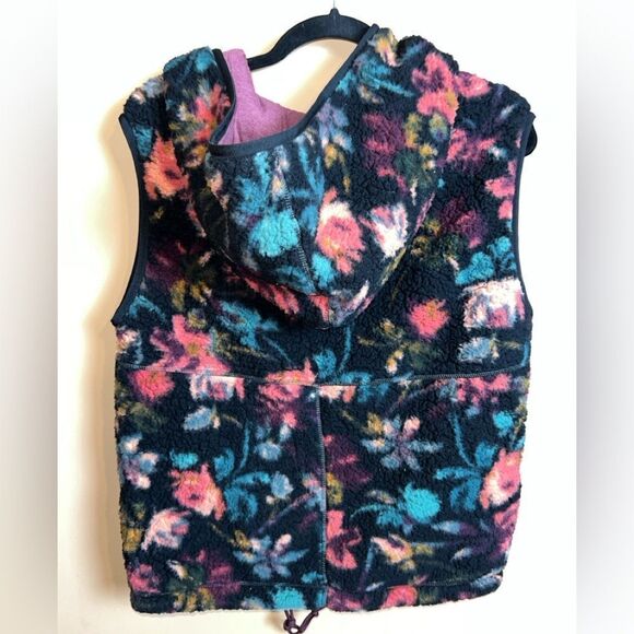 Prana Size XS Black Abstract Floral Print Fleece Sleeveless Full Zip Hooded Vest - Picture 4 of 5